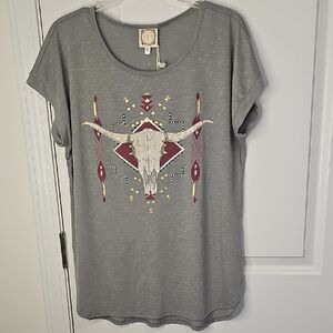 True Self Trendy Gray Graphic Tee with Bull Skull Design Size XL